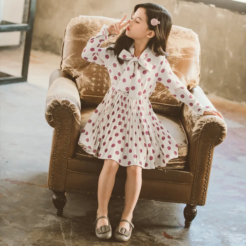 2020 Spring Autumn Kids Clothing Big Girl Boutique Chiffon Dresses Fashion Polka Dot Dress for Girls Age 4 5 6 7 8 9 10 11 12 13 | Детская