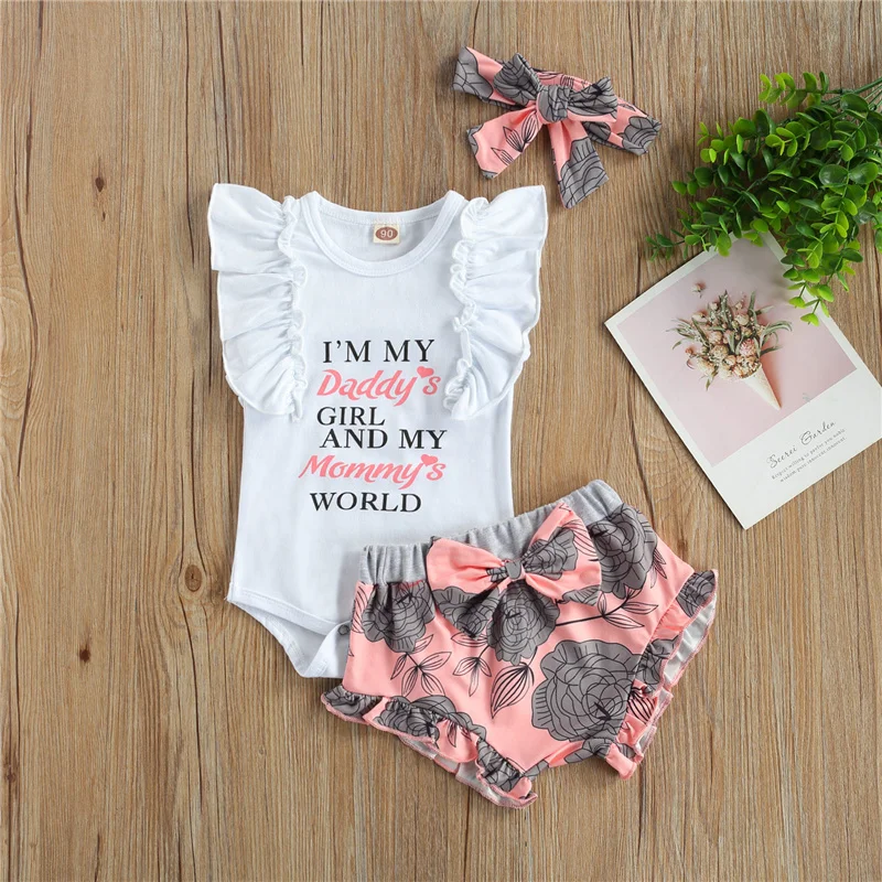 

2021 3pcs 0-18Months Infant Baby Girls Cotton Clothes Sets,Fly Sleeve Letter Print Romper+Shorts+Headband Set for Children Girls