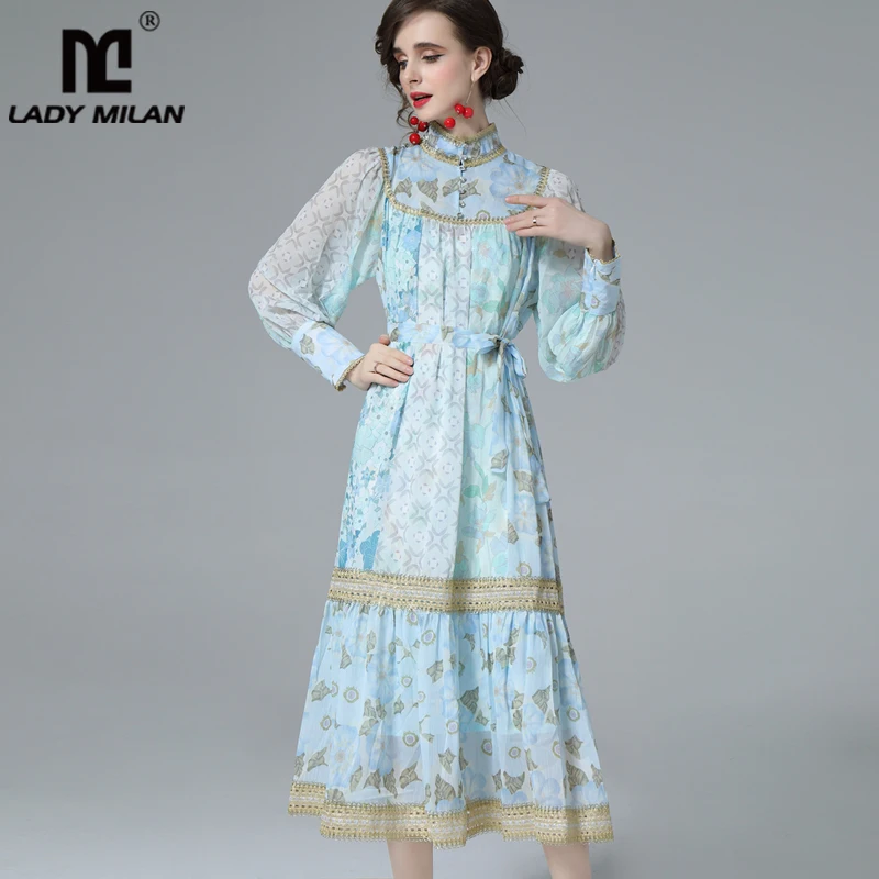 

Women's Runway Dress Stand Collar Long Lantern Sleeves Embroidery Piping Elegant Fashion Mid Casual Dresses Vestidos