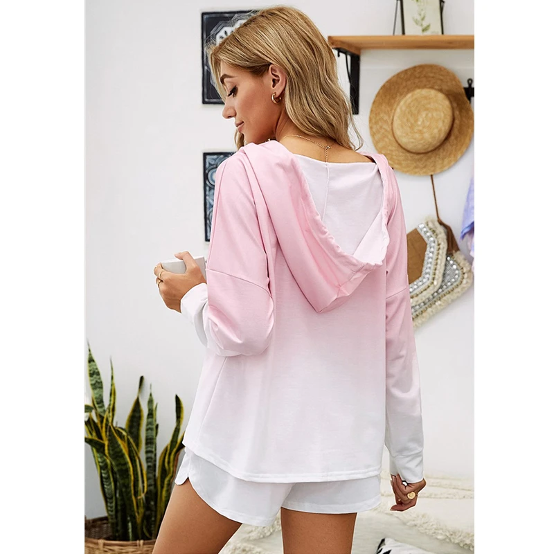 

2PCS Woman Pajamas Set Hooded Tie Dye Printed Home Wear Lady Casual Spring Sleepwear Jogger Long Sleeve Sets Nightwear