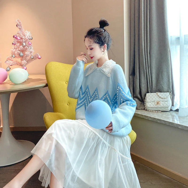 

2020 autumn and winter thick Imitation mink sweater women Modis patchwork beading Pullover Loose lazy O-neck long sleeve tops