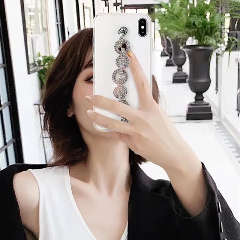 new hot diamond transparent case for iphone 11 pro max 7 8 6 6s plus x xr xs max 11pro luxury jewelled wrist strap back case free global shipping