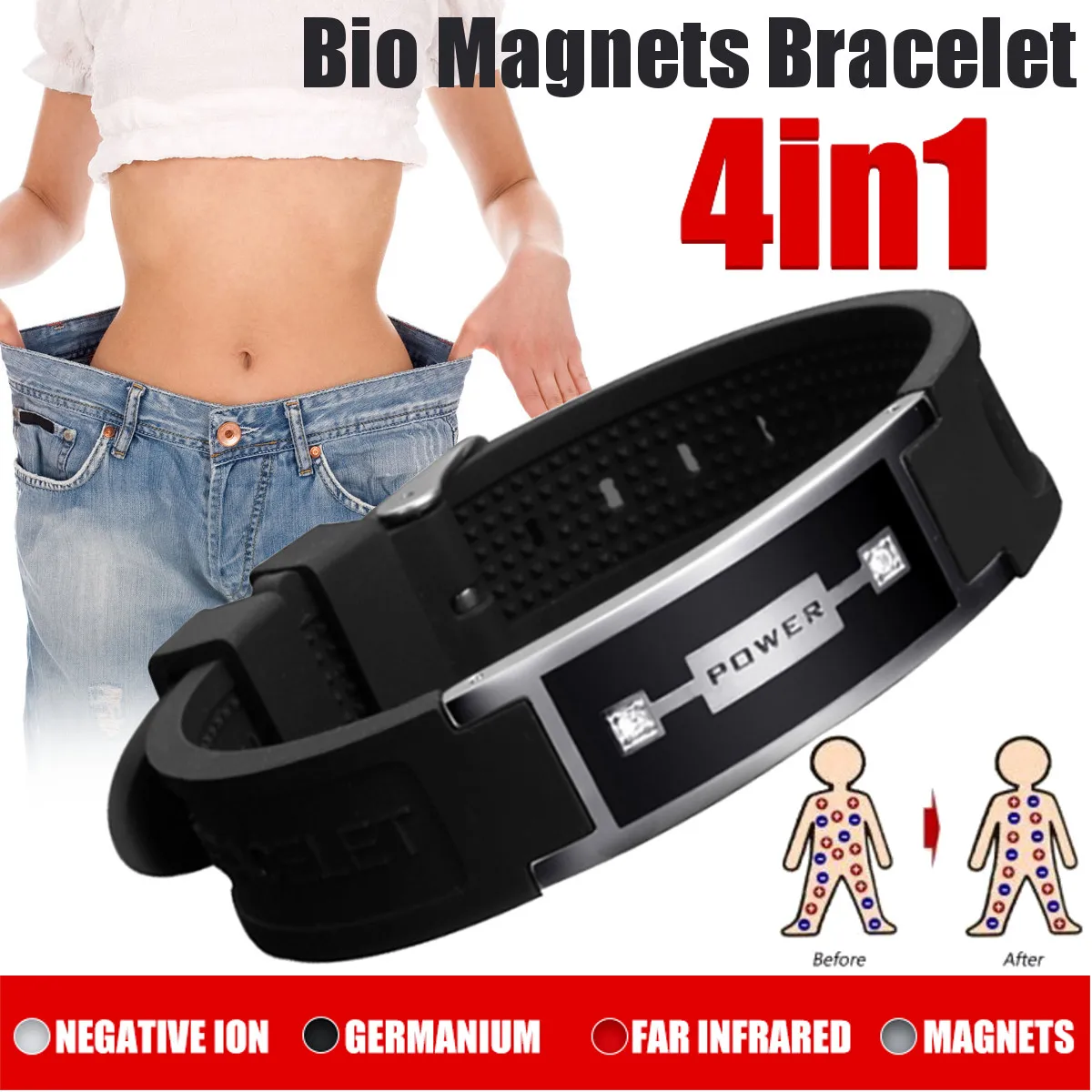Черный браслет из нержавеющей стали с магнитной энергией био для облегчения боли