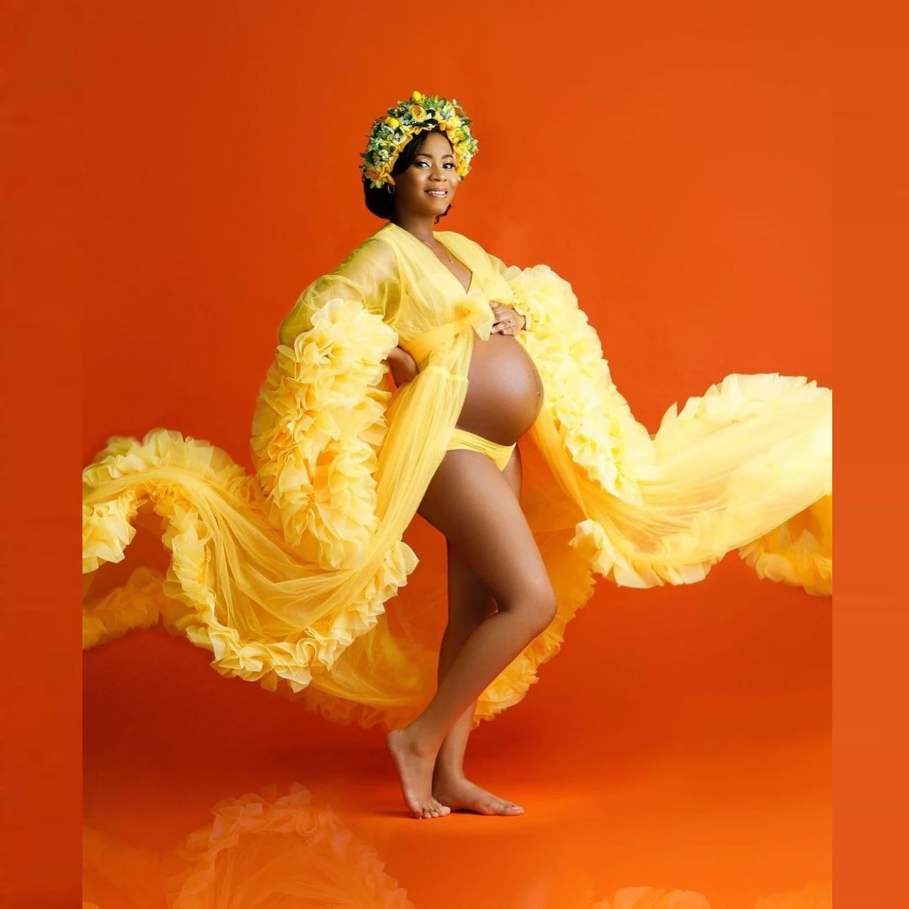 

Bright Yellow Prom Dresses Puffy Long Sleeves Ruffles Front Split Maternity Dress For Photo Shoot Slit Evening Dress Plus Size