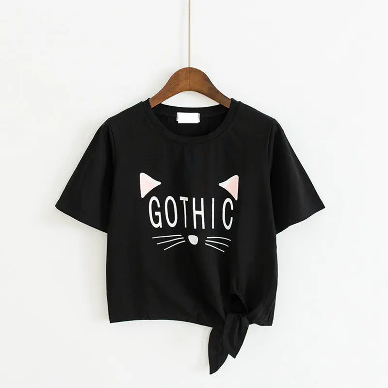 Женский хлопковый укороченный топ с принтом кошки черная Повседневная Базовая