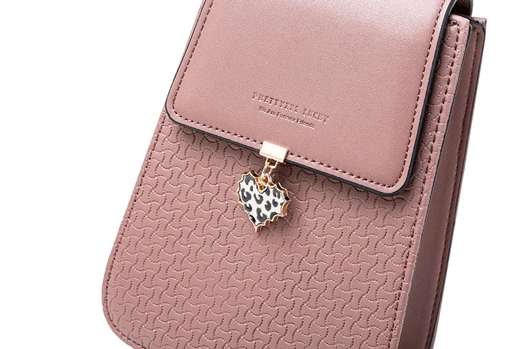 Heart Pendant Decor Solid Color Mobile Phone Bag Hasp Open Long Strap Card Pouch Wallet Women's Mini Shoulder Crossbody Bags