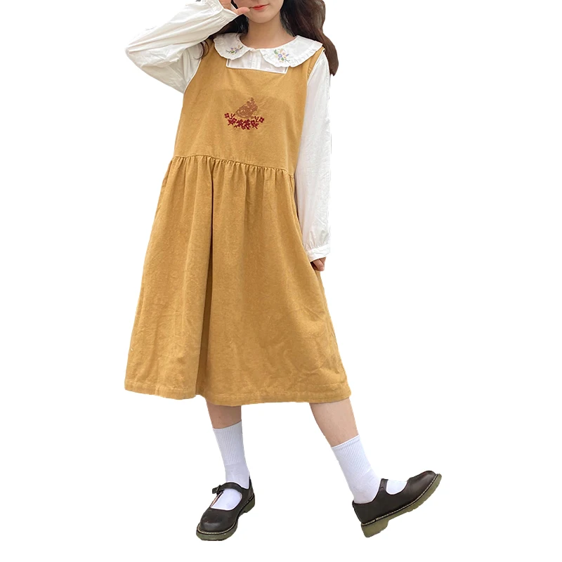 

Autumn Women Vintage Corduroy Midi Vest Dress Mori Girl Casual Kawaii Fashion Doll Sleeveless Rabbit Embroidery Blue Overalls