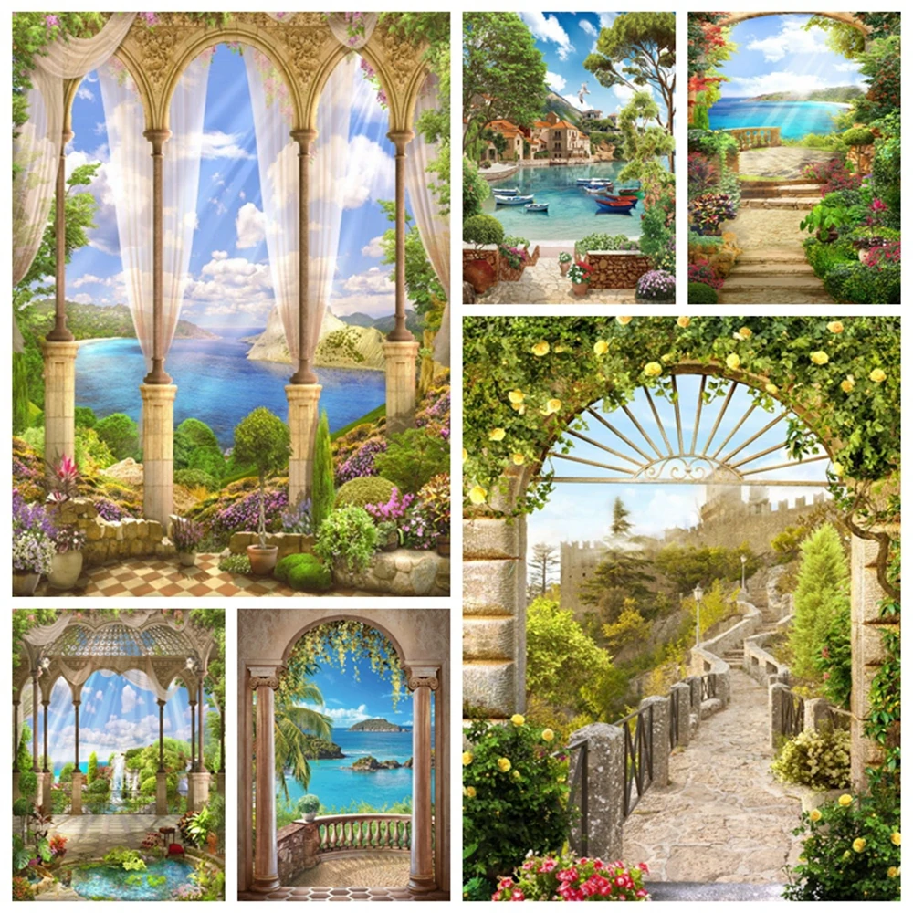 Spring Palace Arch Pillar Royal Lake Sky Cloud Nature Scenery Backdrop Vinyl Photography Background For Photo Studio Photophone |