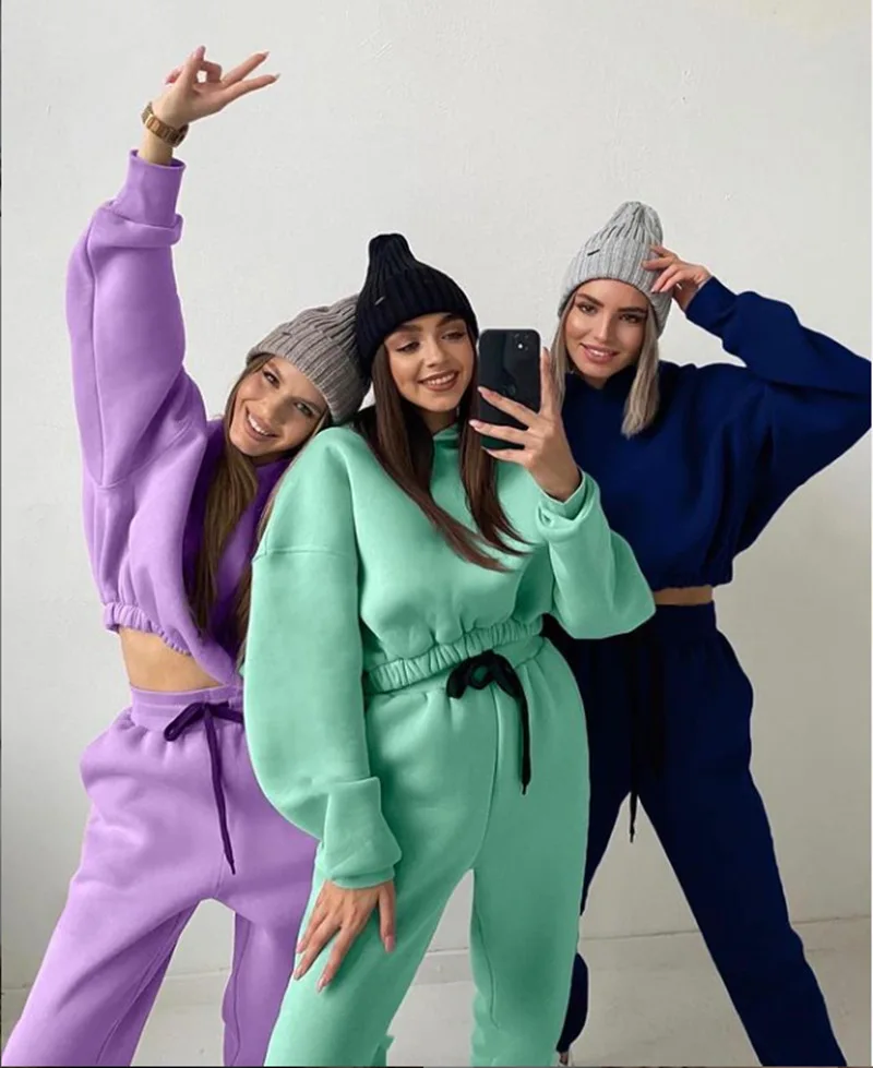 

Cotton Women's Sportswear Nine Points Hoodie Set Long Sleeve Drawstring Top Set Women's 2021 Fall Leisure Ladies Sportswear Set
