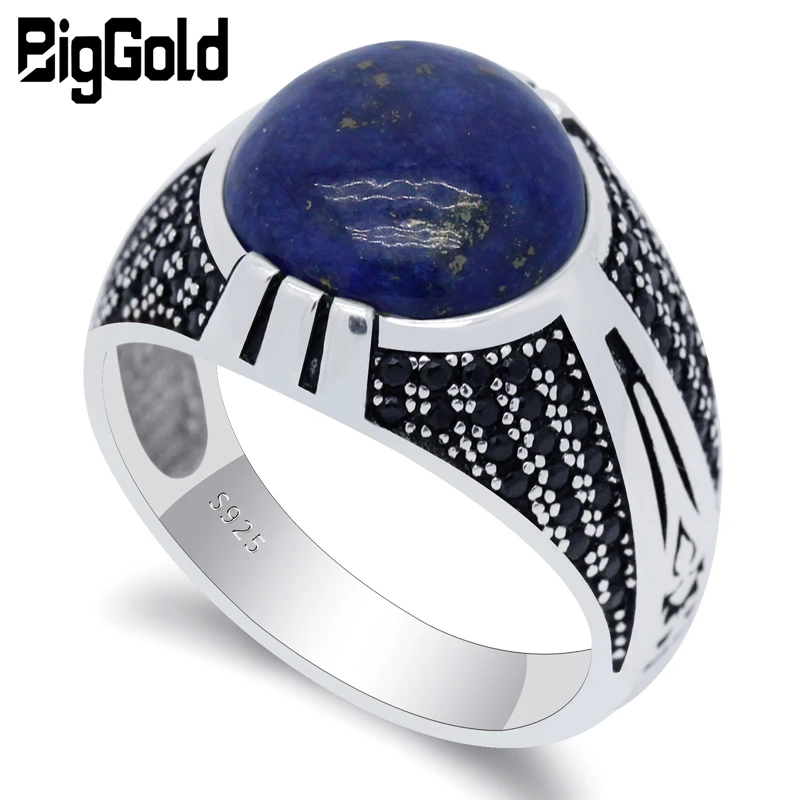 

Mens 925 Ring Sterling Silver with Lapis Lazuli Round Natural Blue Stone Male Ring Antique Turkish Jewelry for Male Women Gift