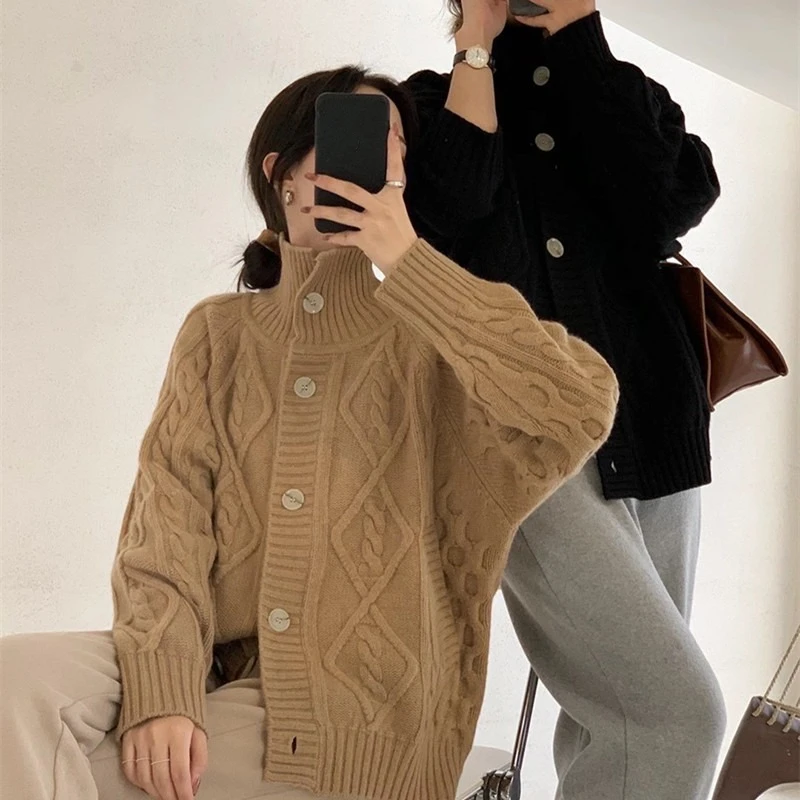 

Women Knitted Cardigans Sweater Spring New Retro Korean Turtleneck Loose Black Coat Casual Button Female Tops 2022 sueters mujer