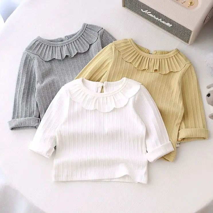 

2020 Autumn Baby Girls T-shirt Korean Cute Solid Petal Collar Long Sleeve Tshirt for Girl 2 3 4 5 6 Y Kids Clothes Base Tshirt