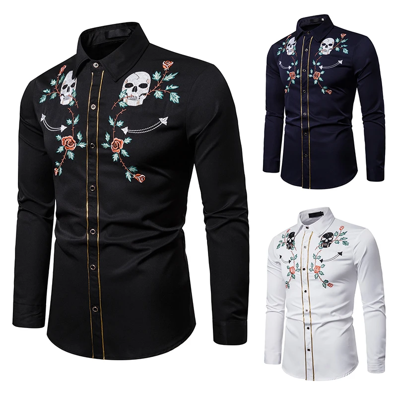MJartoria новые мужские западные череп ковбоя цветок вышивка рубашка Slim Fit