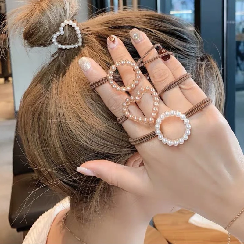 

Резинки для волос с жемчугом и квадратными сердечками женские, резинки для прически «конский хвост» в Корейском стиле, эластичные заколки, ...