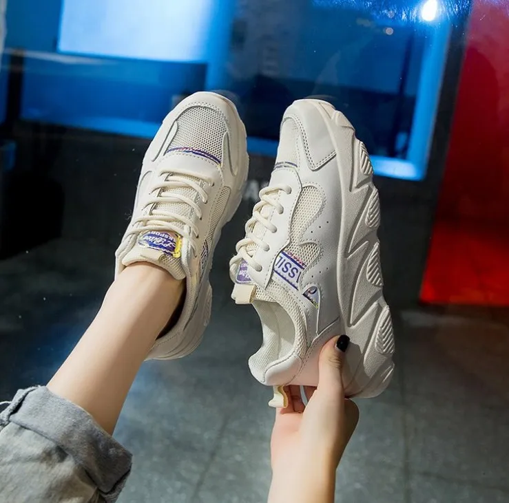 

New Sneakers Women Mesh Lace-Up Solid Flat Platform Shallow Stretch Fabric Knited Spring Wedges Shoes For Women Basket Femme