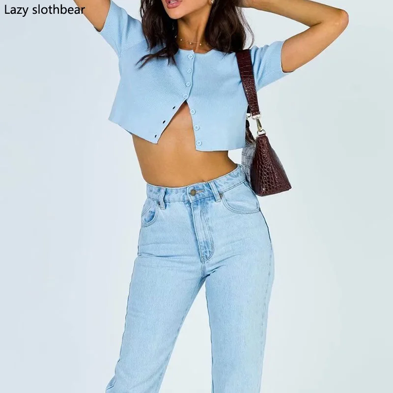 

Spring and summer women's solid color knitwear short-sleeved single-breasted knit shirts casual fashion knitted blouse