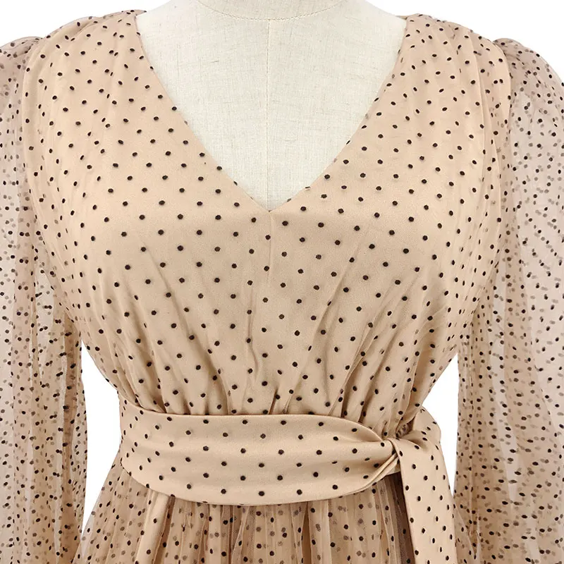 

Spring Autumn Sexy Lantern Sleeve Polka Dot Dress Casual Fashion Mesh Long Sleeve V-neck Loose Party Long Dress Vestidos