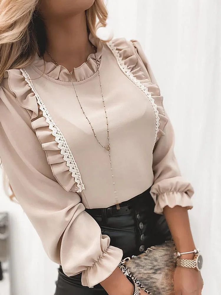 

Женский офисный топ с оборками, Элегантная блузка в стиле бохо с круглым вырезом и рукавами-фонариками, одежда для весны и осени, 2021