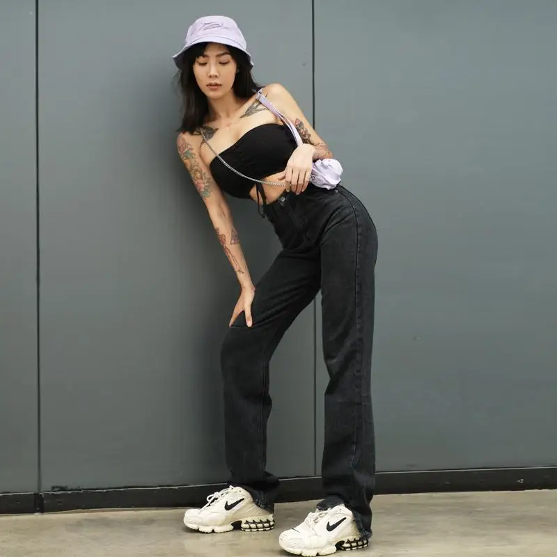 

Woman Jeans Pants Spring Loose High Waist Slit Straight Black Pantalones Vaqueros Mujer