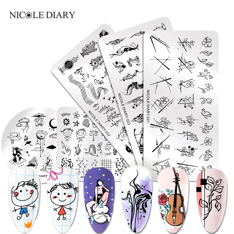 Трафареты NICOLE DIARY для стемпинга ногтей красивые абстрактные линии лица шаблон