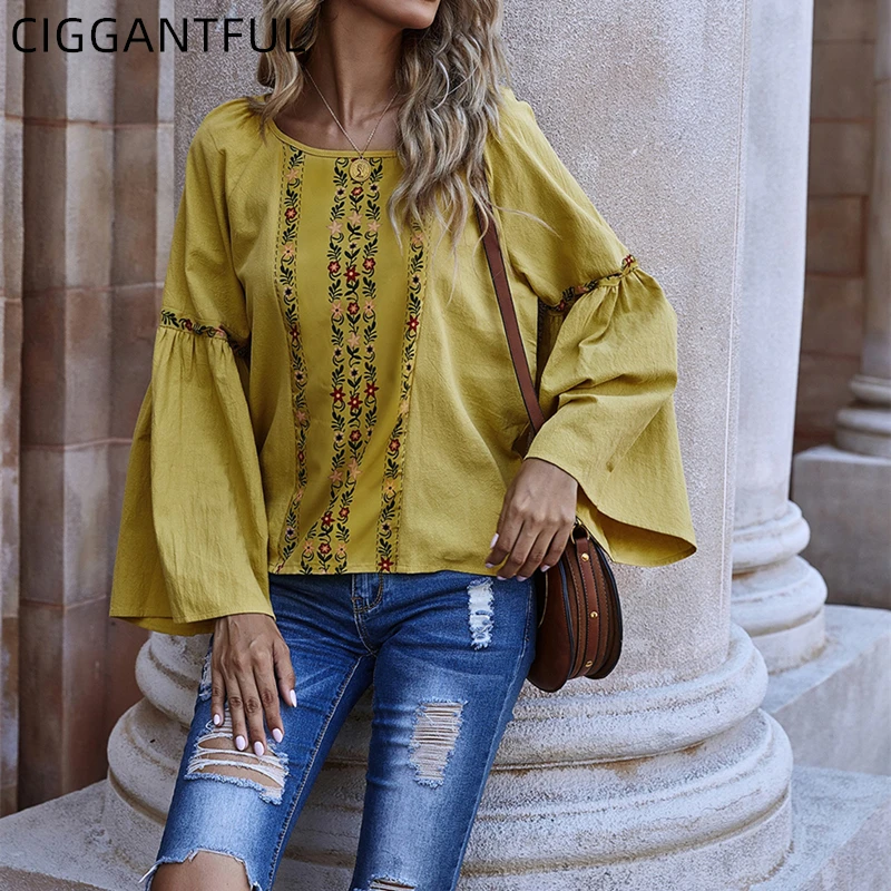 

2022 весенне-летние свободные желтые рубашки с длинным рукавом, круглым вырезом и вышивкой, женская блузка, винтажная туника, базовые Топы, од...