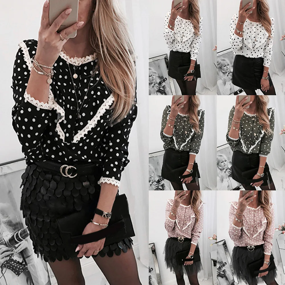 Женская блузка в горошек с рукавами 3/4 женская рубашка круглым вырезом женские