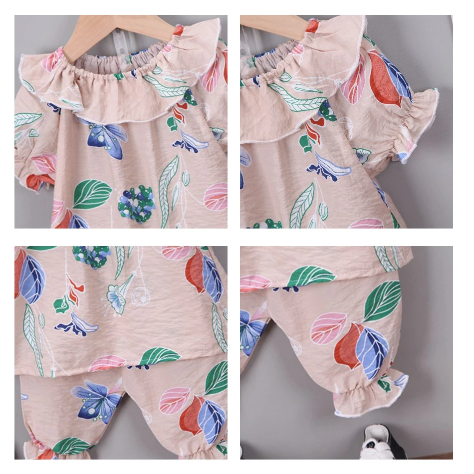 

Fashion Multi-Color Leaves Print Short Sleeve Tops And Pants Suit Little Girl Summer Casual Clothes Set 9M-3Y