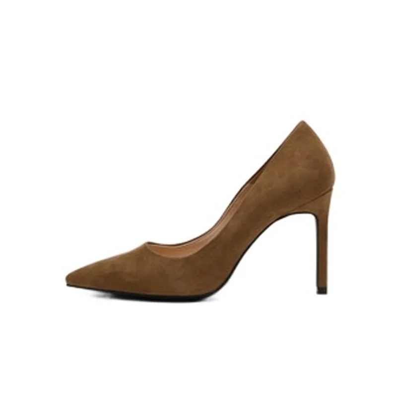 

High heels stiletto pointed toe suede black mid-heel pumps