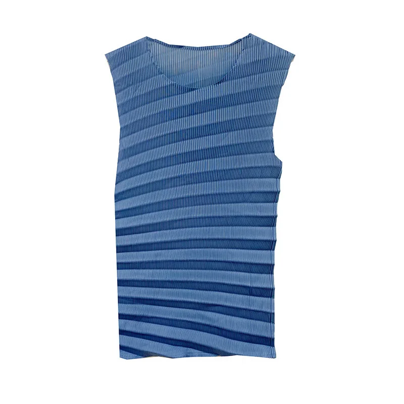 

LANMREM Ladies Pleated Blue Short T-shirt New Round Neck Sleeveless Slim Fit All-match Fashion Trendy Summer 2021 2E1421