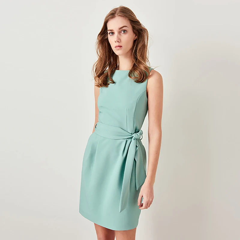 Женское винтажное мини платье без рукавов с высокой талией светло зеленое