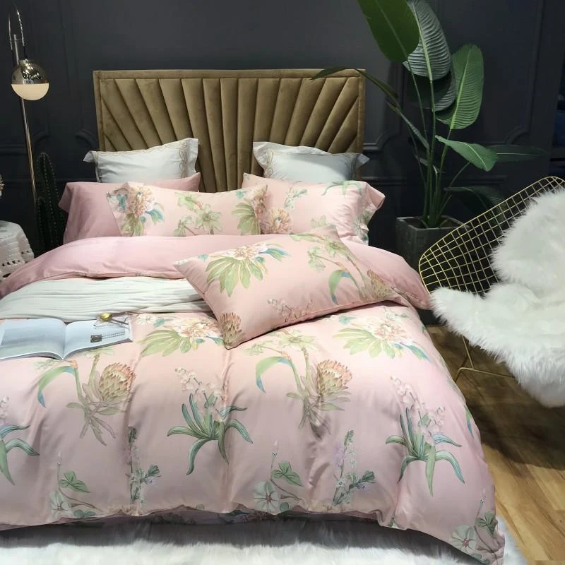 Pink blossom bedding set 100% Egyptian cotton floarl print bed sheets Satin duvet cover pastoral bedspread queen king size | Дом и сад