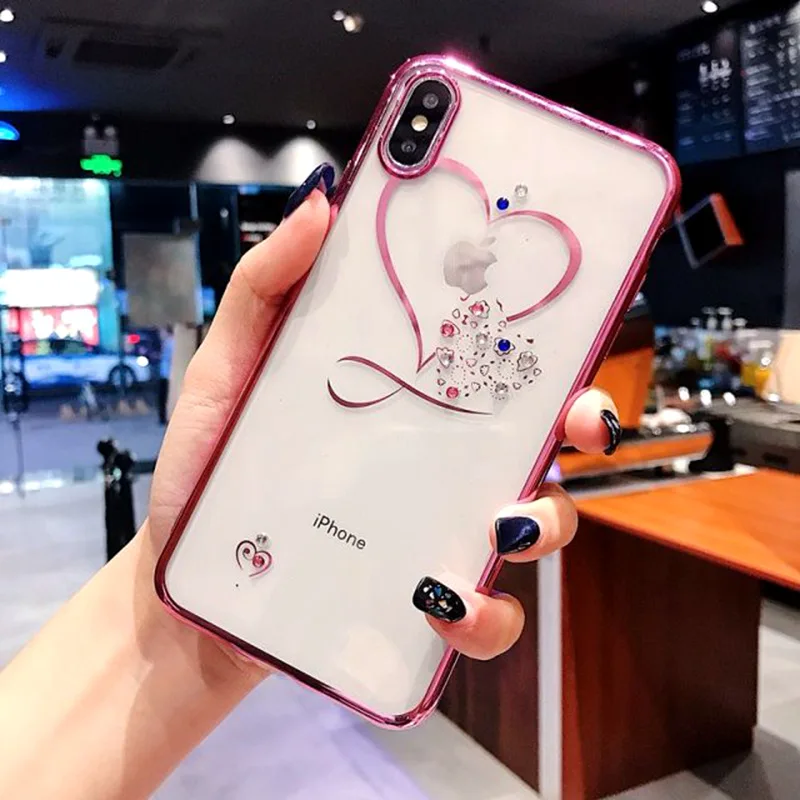 Модный мягкий чехол для телефона с сердечком и алмазным покрытием для iPhone 11 Pro X XR XS MAX, силиконовый чехол для iPhone 7 8 6S Plus 5 SE 5S
