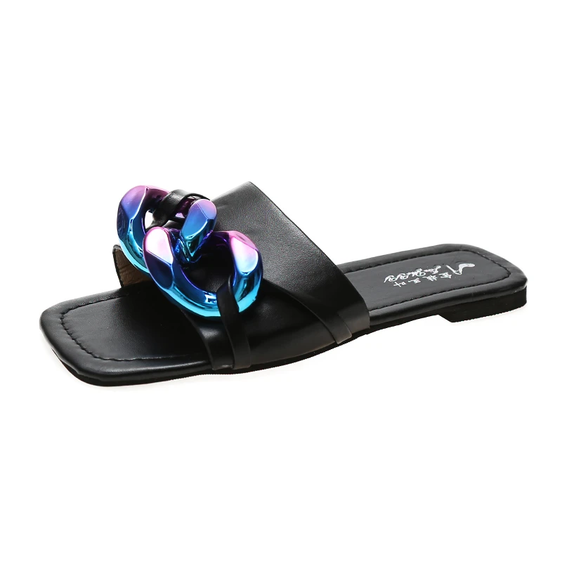 

Shoes for Woman 2021 New Slipper High Quality Slides Sandals Women Shoes Fashion Design Metal Trim Flat Shoes Female Slippers