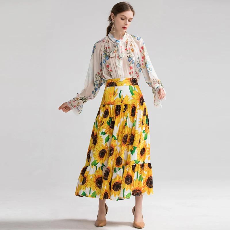 

AELESEEN 2020 Spring New Runway Floral Twinset Women Fairy Print Bow Flare Sleeve Blouse + Sunflower Printed Trumpet Skirt Set