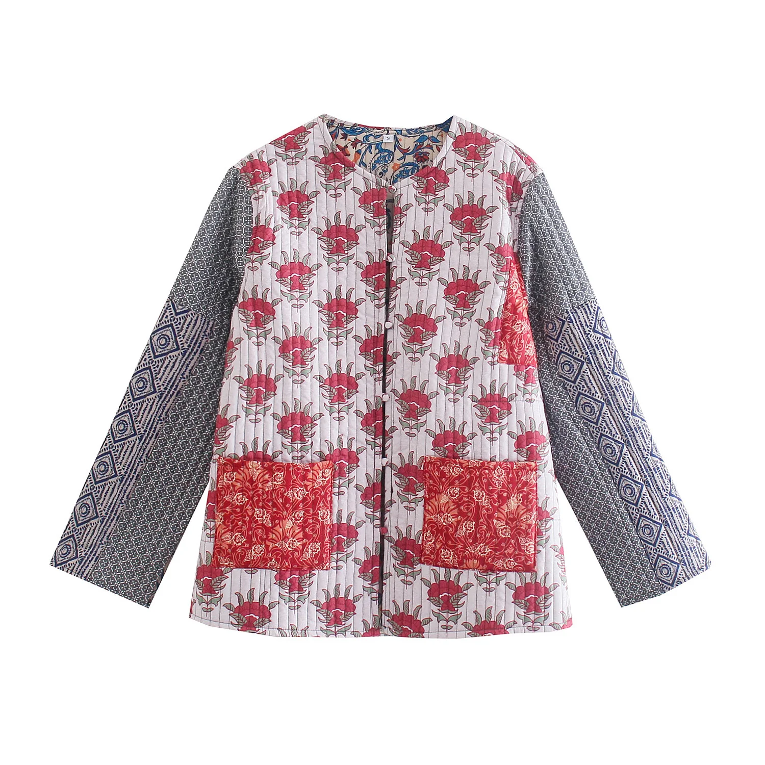 

Women Winter Floral Warm Two Sided Chic Lady Casual Jacket Top Female O Neck Single Breasted Pocket Side Split Fashion Down Coat