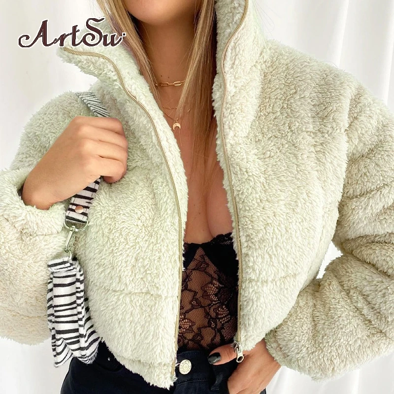 

Artsu Turn-Down Collar Fur Fluffy Jackets 2021 Autumn Clothes Women Cropped Zip Up Cardigan Warm Jackets and Coats