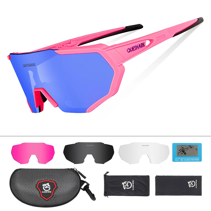 4 Lens Pink Blue QUESHARK, дизайн, очки для велоспорта для мужчин и женщин,, полностью покрытые линзы, UV400, поляризационные, 3 или 4 линзы, всего - Цвет: 4 Lens Pink Blue