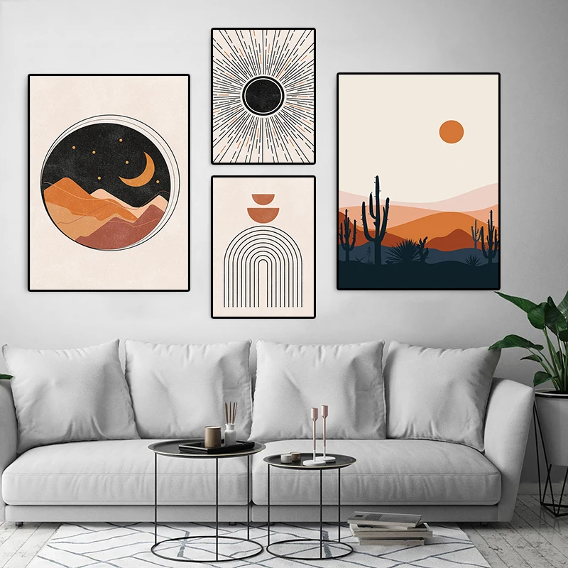 

Vintage Abstract Poster Sun and Moon Canvas Painting Rainbows Modern Art Print Geometric Line Wall Picture for Living Room Decor