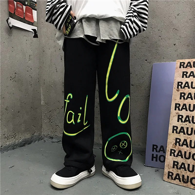 Harajuku ins drawstring pockets print straight loose full length fashion brand Women's Clothing Capris Korean style black pants | Женская