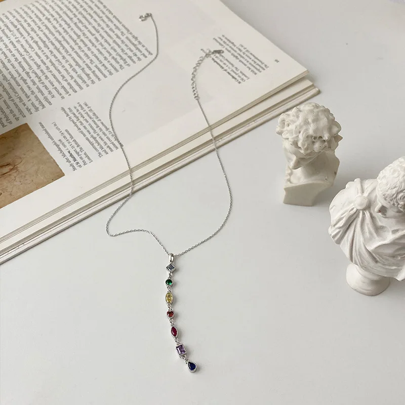 Женское длинное ожерелье из серебра 925 пробы с цирконом