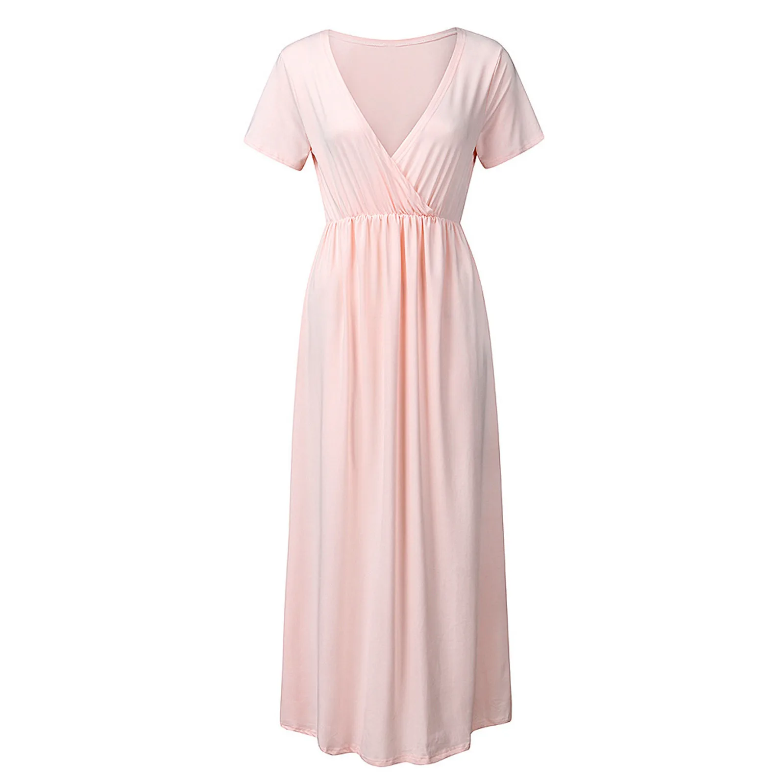 

Woman Solid V-Neck Short Sleeve Elasticity Pregnant Maternity Nursing Long Dress pregnancy dress vestido embarazada verano