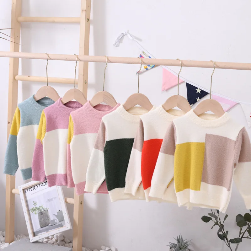 Autumn Winter Toddler Boys Sweater Baby Knitwear Tops Plaid Patchwork Kids Pullover Girls Clothes RT163