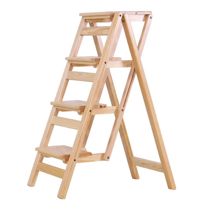 

Folding Ladder Household Anti-Slip Solid Wood Safety 3/4 Step Ladder Stool with Tool Tray Multi-Functional Step Platform Ladder