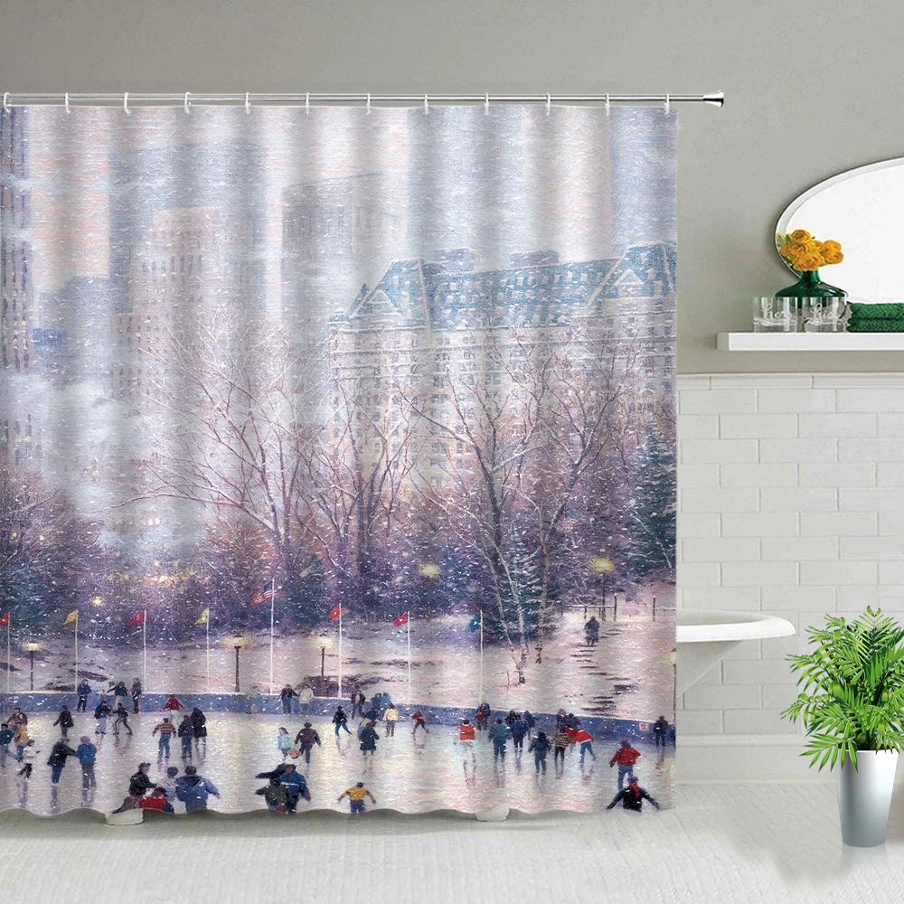 

Oil Painting Scenery Shower Curtain Winter Landscape Home Bathroom Decor Waterproof Bath Curtains With Hooks Polyester Cloth