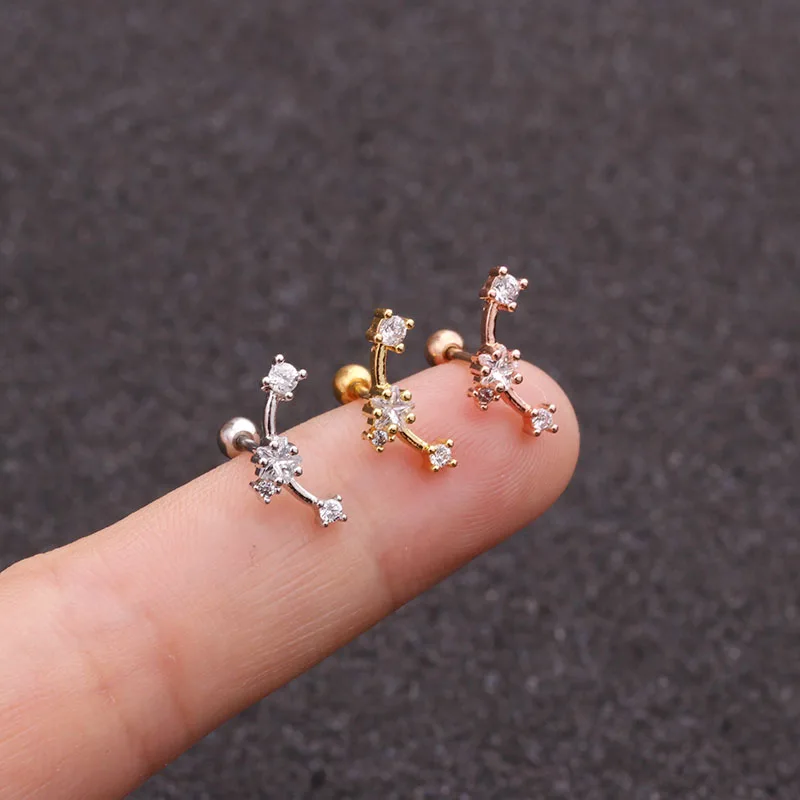 Sellsets 1pc 20G Stainless Steel Helix Piercing Jewelry Cz Moon And Star Cartilage Earring Ear Tragus Conch Rook Screw Back Stud
