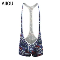 aiiou mens polyester jumpsuit tape printed gay shirt mens wrestling singlet casual tight underwear sling stage performance wear