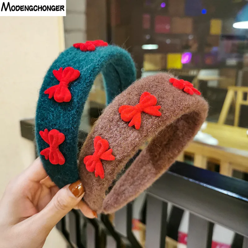 

Autumn Winter Plush Hairband Red Multiple Small Bows Contrast Color Bezel Wide-brimmed Headband For Woman Girls Hair Accessories