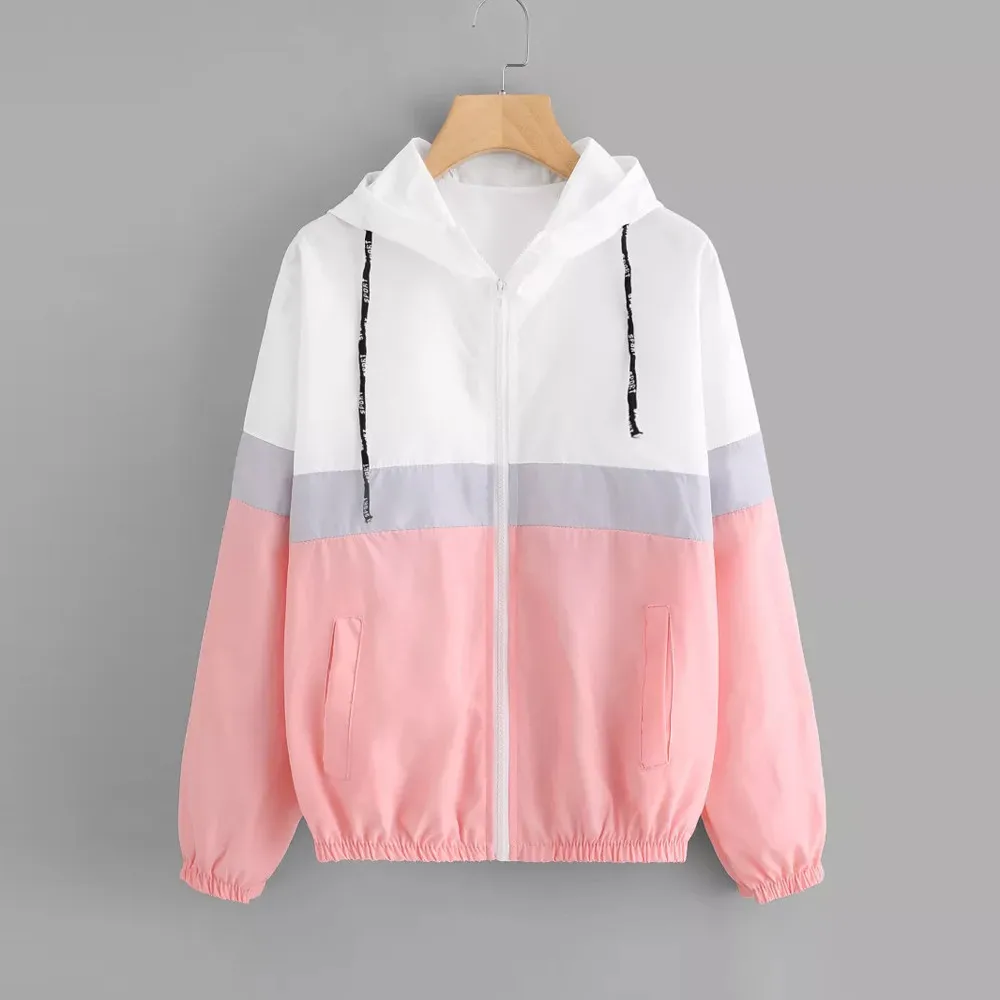 

FeiTong Autumn Fashion Hooded Three Tone Windbreaker Jacket Zipper Pockets Casual Long Sleeves Feminino Coats Outwear