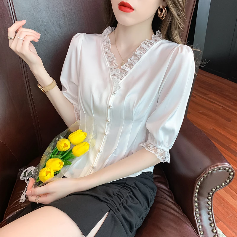 

COIGARSAM Short Sleeve Shirt korean Womens tops New Summer Lace Chiffon Women shirts White 5129