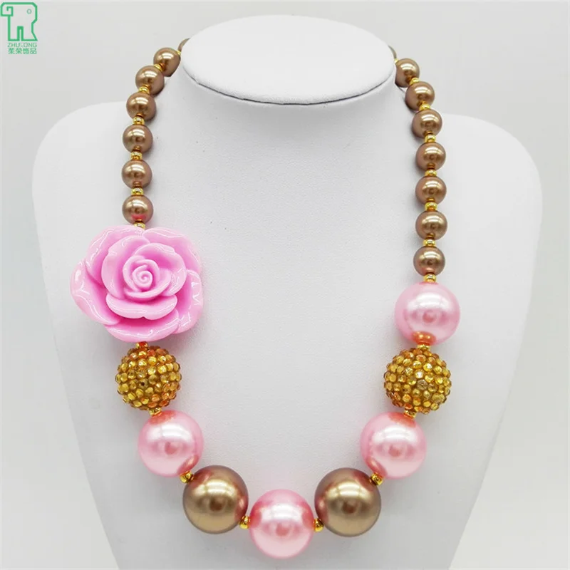 

wholesale 5pcs / lot Hot Selling Gold Pearl Pink Luxury Flower Kids Chunky Bubblegum Necklaces